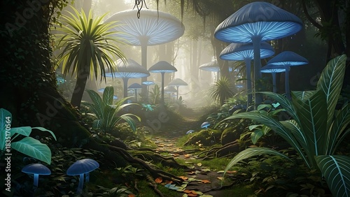 Enchanted Mushroom Forest - A Mystical Landscape of Glowing Fungi.