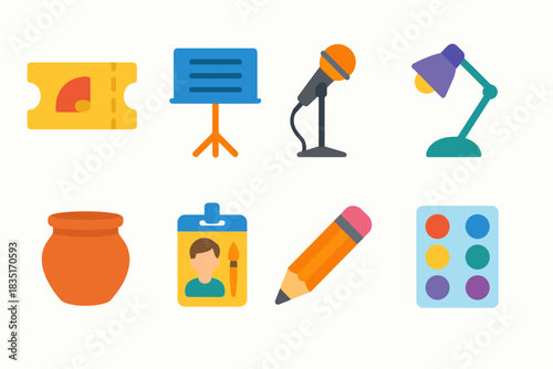 Colorful flat icon set for various office items