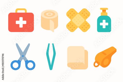 First aid and safety flat icons set