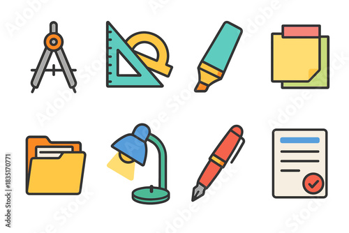 Office and school supplies flat icon set