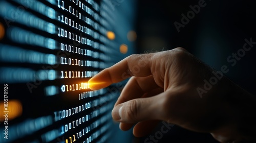 Touch the Digital Frontier: A hand makes contact with a glowing array of binary code, representing interaction with data and the digital realm.