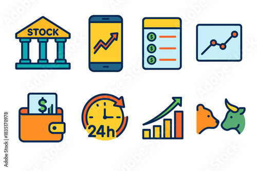 Stock trading and investment flat icons set
