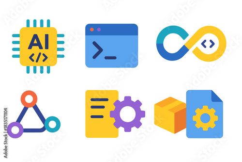 Technology and software development colorful icons set