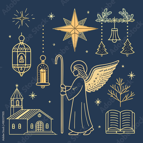Elegant Festive Winter Holiday Symbols Collection featuring Nativity Scene Elements and Classic Christmas Decorations, Ideal for Seasonal Greetings and Religious Celebration Designs
