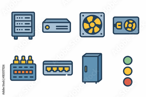 Computer and Network Components Cartoon Icons Set