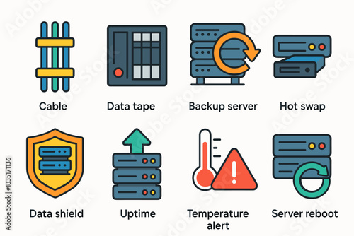 Technology and server maintenance flat icons set
