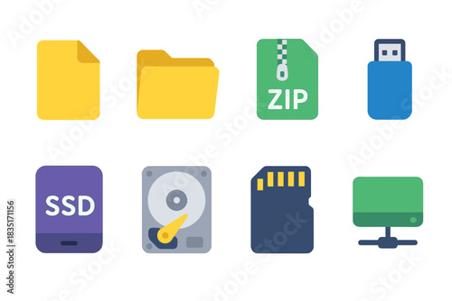 Storage devices and file types flat icons set