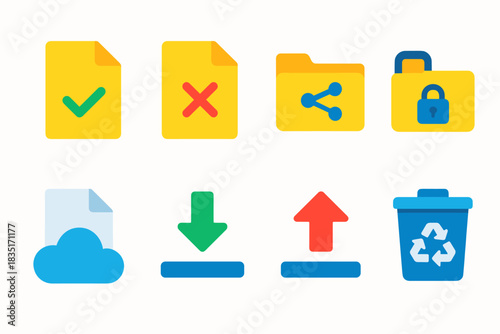 File management and sharing flat icons set