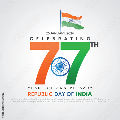 Happy 77th Republic Day India Background Design Template Illustration, Indian Republic Day Post Banner Design Template with Ashok chakra, flag and number.