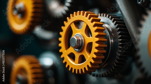 Interlocking Cogs in Machine: Close-up of intricately meshing cogs and gears in a mechanical system, showcasing the precise mechanics and the beauty of industrial engineering.