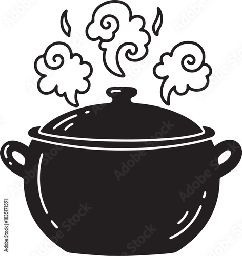 Steaming Pot of Deliciousness Black and White Line Art Image