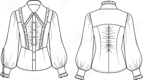Elegant women's blouse technical fashion illustration with ruffled sleeves, button front, pointed collar, yoke back, and gathered details.
