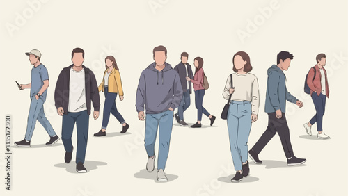 Group of diverse people walking in urban environment.