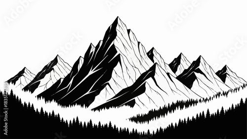 Dramatic black and white mountain range illustration.