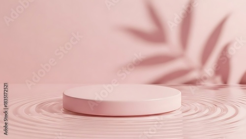 Pink cosmetic product display podium with elegant water ripples and subtle tropical leaf shadow on a pastel studio background