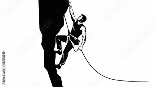 Man Climbing Rock Face with Rope.