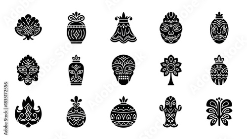 Set of Ethnic Tribal Masks and Ornamental Shapes Black Silhouette Design Vector, Isolated