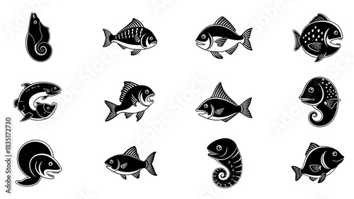 Collection of black and white fish drawings offering a variety of aquatic life styles and forms
