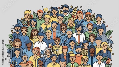 Colorful illustration of a diverse multicultural community crowd.