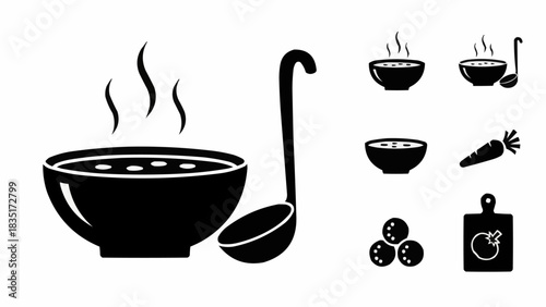 Soup bowl and ladle with steam, ingredients and cooking tools.