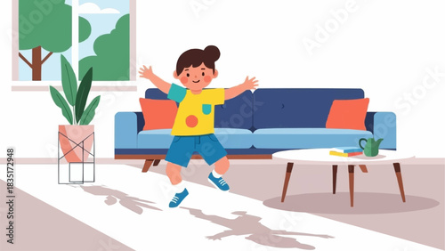 A happy young boy jumping with joy in a living room.