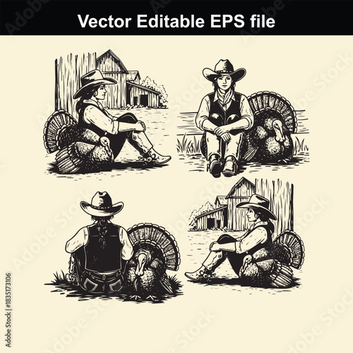 vintage style vector illustration set featuring four different poses of a cowboy or rancher sitting next to a male turkey, rendered in black and white sketch art