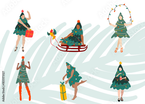 Femmes déguisées en sapin de noel, offrant des cadeaux ou portant une bougie de l'Avent. Illustrations vectorielles dans un esprit festif et joyeux