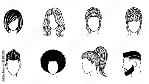 Collection of diverse and modern hairstyle designs in black and white vectors suitable for fashion