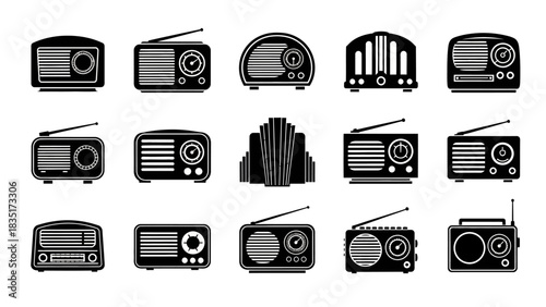 A collection of vintage radio illustrations in black and white vector format
