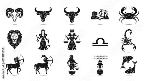 Monochrome Vector Illustration of Zodiac Signs, Isolated on a White Background