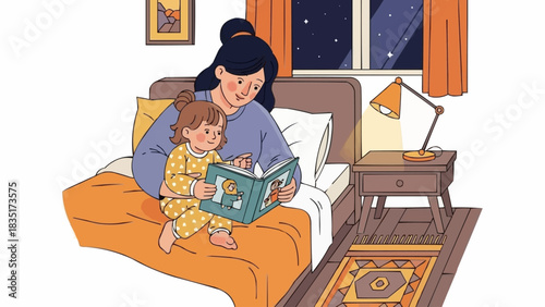 Mother and child reading a bedtime story together.