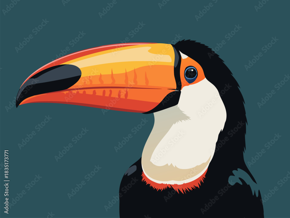 Naklejka premium Close-up profile of a vibrant toucan with its iconic colorful beak against a dark teal background, showcasing its unique features