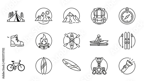 Vector Icon Set Depicting Outdoor Activities and Adventure Pursuits in a Minimalist Style
