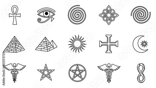 Collection of ancient symbols and occult signs representing spiritual and mystical beliefs in