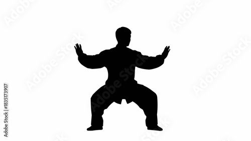 Silhouette of a person in a low stance with arms extended.