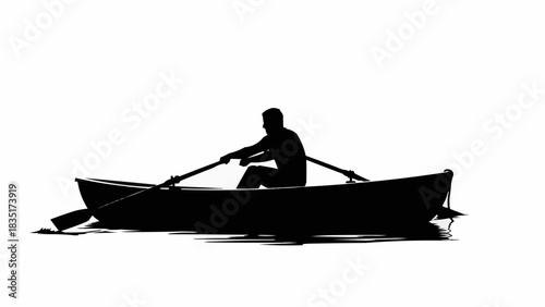 Silhouette of a person rowing a boat on calm water, peaceful activity.