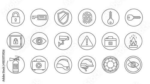 Comprehensive Security and Safety Icon Set Representing Protection Measures and Precautions