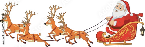 Cartoon Santa Claus riding in sleigh with reindeer, 2D Vector Illustration