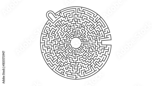 Complex circular labyrinth illustration challenge, puzzle game artwork for problem solving and