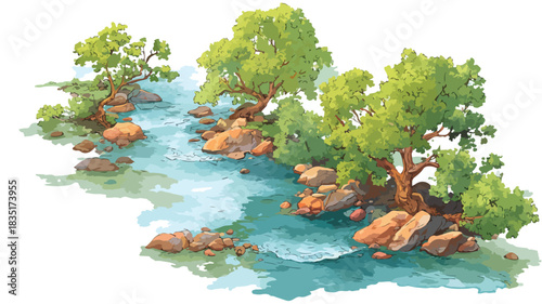 Serene Landscape with River, Trees, and Rocks - Vector Illustration