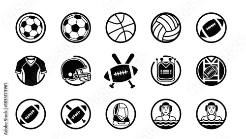 Black and white vector icons showcasing diverse sports equipment and athletes design