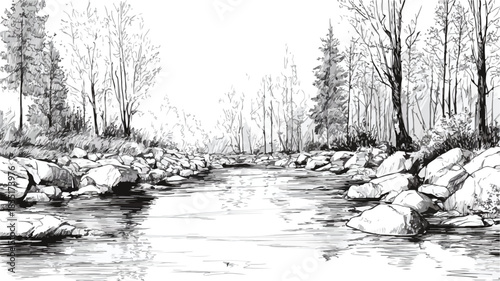 River Landscape with Trees and Rocks Background Drawing