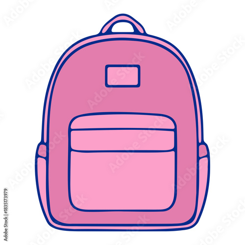 Illustration of a pink backpack with blue outline and pocket for school or travel items design