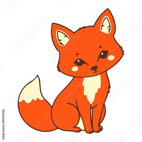 Illustration of a cute orange fox with white accents sitting upright and looking forward on a white background