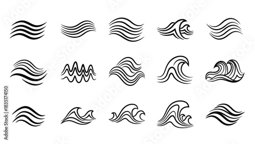 Collection of stylized wave icons for logo design and graphic elements illustration