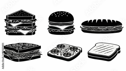 Variety of Sandwiches and Burger Illustrations in Black and White.