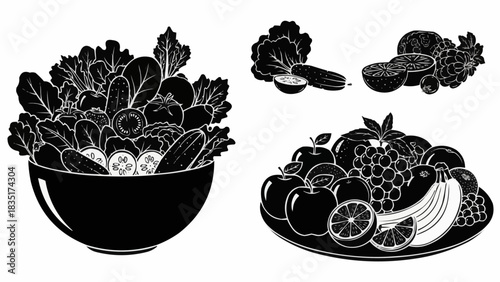Fresh Salad and Assorted Fruits Displayed in Black and White.