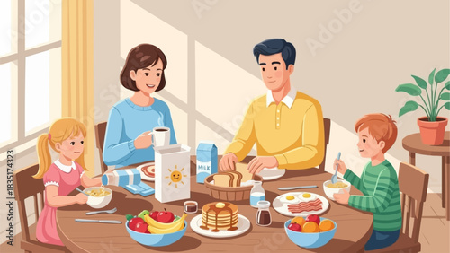 A cheerful family of four enjoying breakfast together at home.
