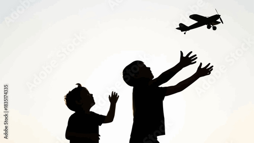 Childrens silhouette playing with toy airplane, reaching for the sky, joyful moment.