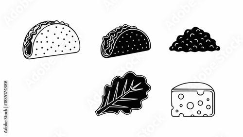 Set of vintage hand drawn taco ingredients illustrations.